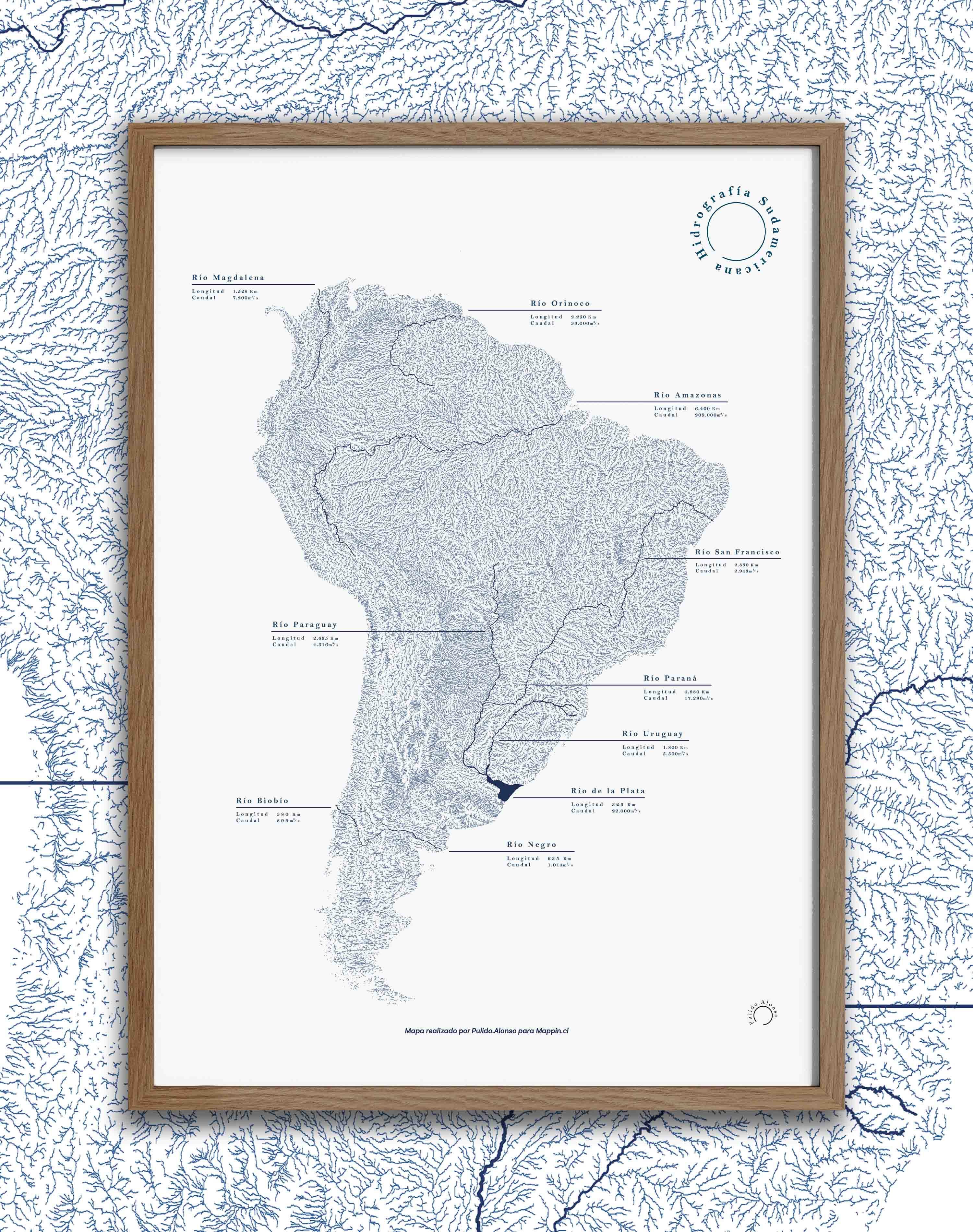 Mapa Hidrográfico de Sudamérica - Enmarcado