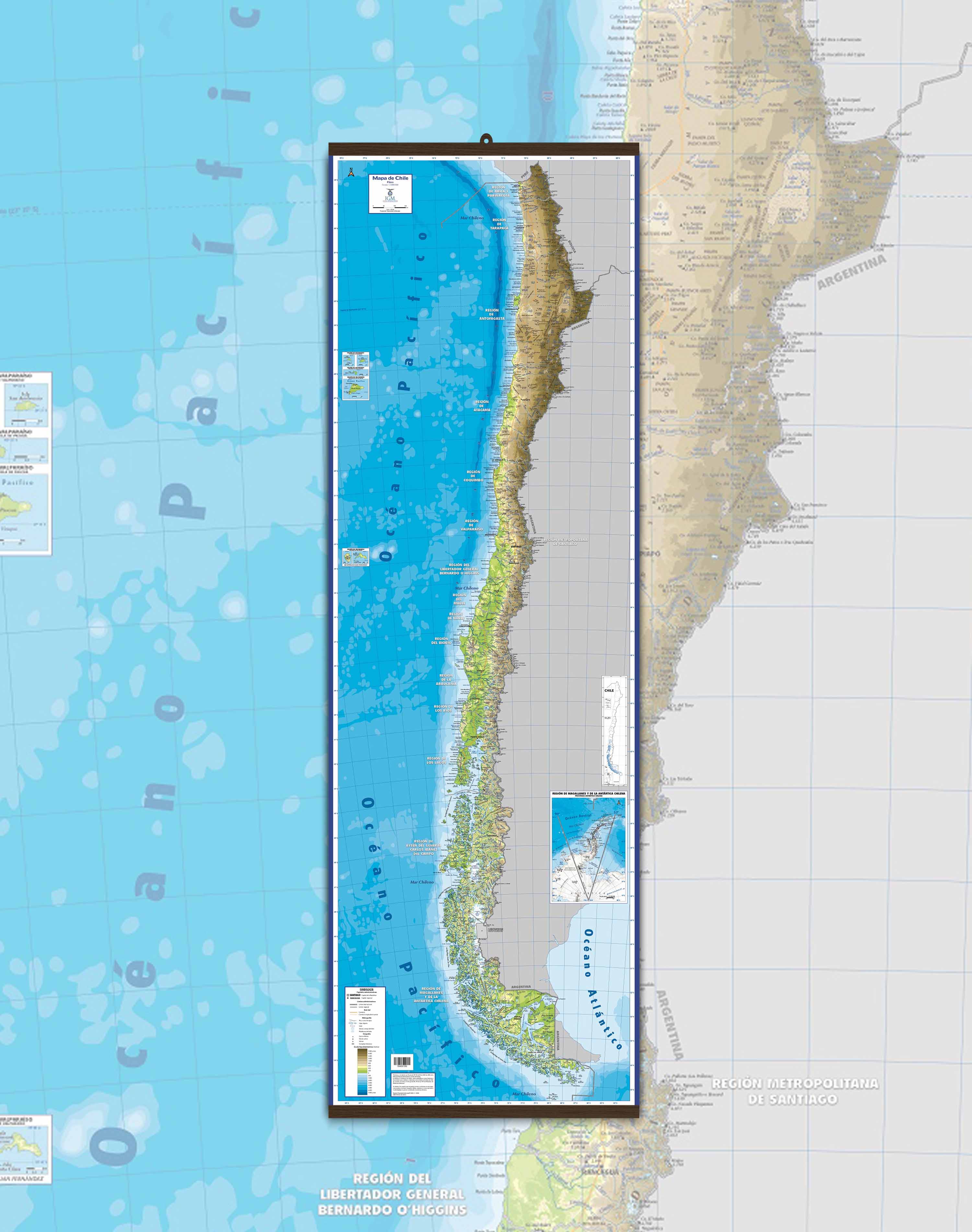 Mapa Físico de Chile - Lámina con Flejes para colgar