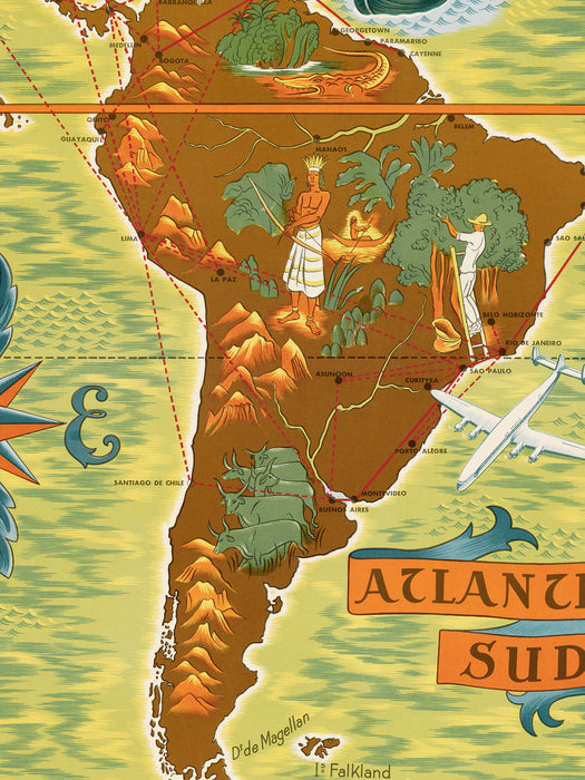 Mapa del Mundo de la red aérea de Air France, 1954 - Lámina