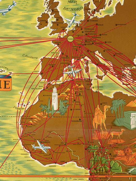 Mapa del Mundo de la red aérea de Air France, 1954 - Lámina