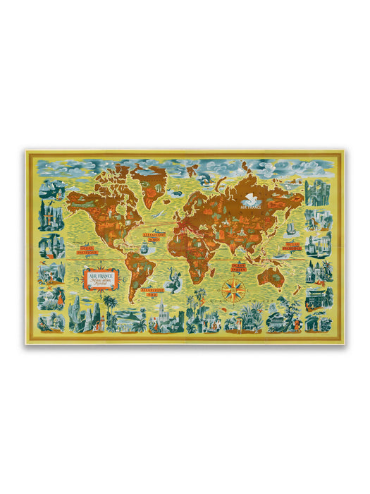 Mapa del Mundo de la red aérea de Air France, 1954 - Lámina