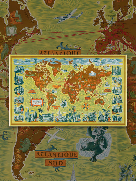Mapa del Mundo de la red aérea de Air France, 1954 - Lámina