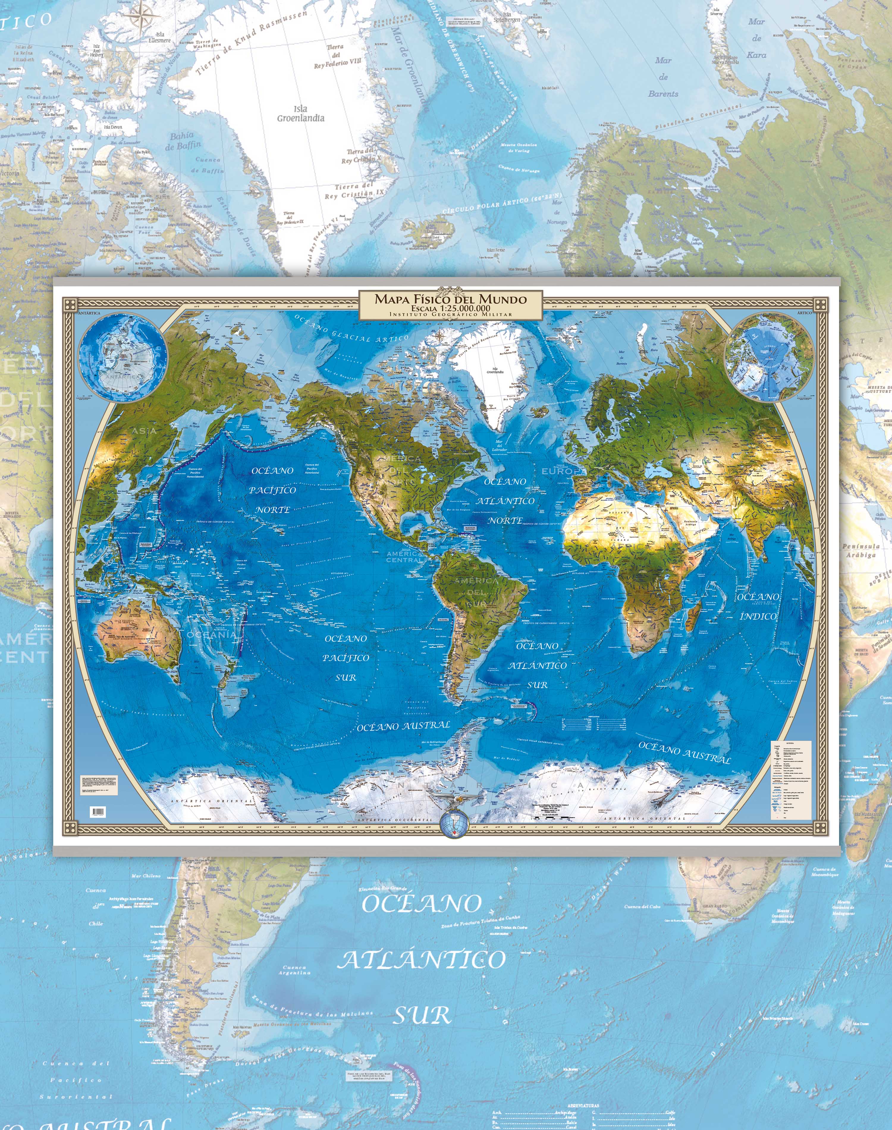 Mapa Físico del Mundo (Gran Formato)  - Lámina con Flejes