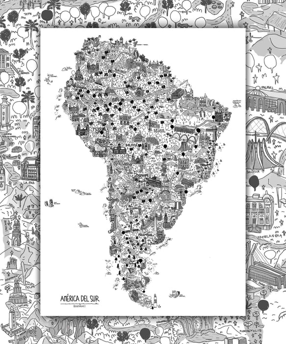 América del Sur Ilustrada - Lámina (Blanco, Negro o Color) - Mappin