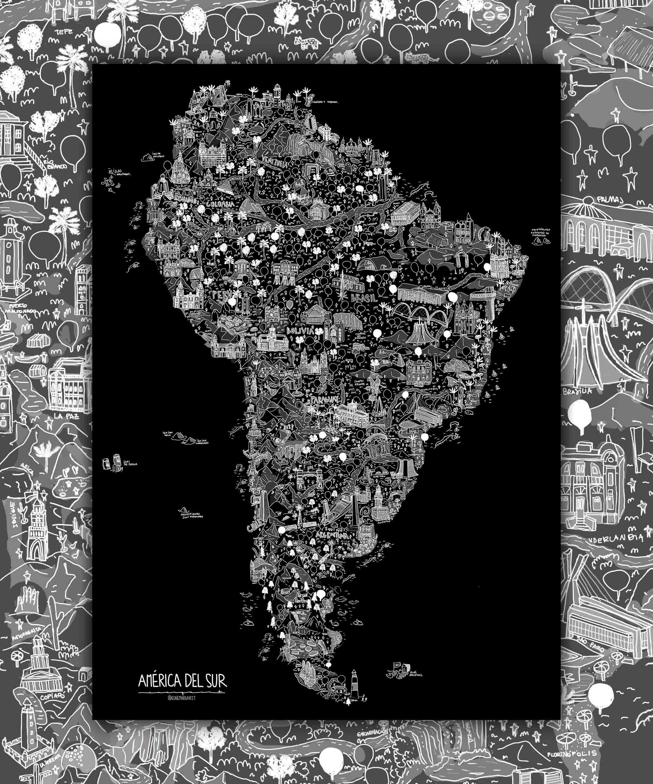 América del Sur Ilustrada - Lámina (Blanco, Negro o Color) - Mappin