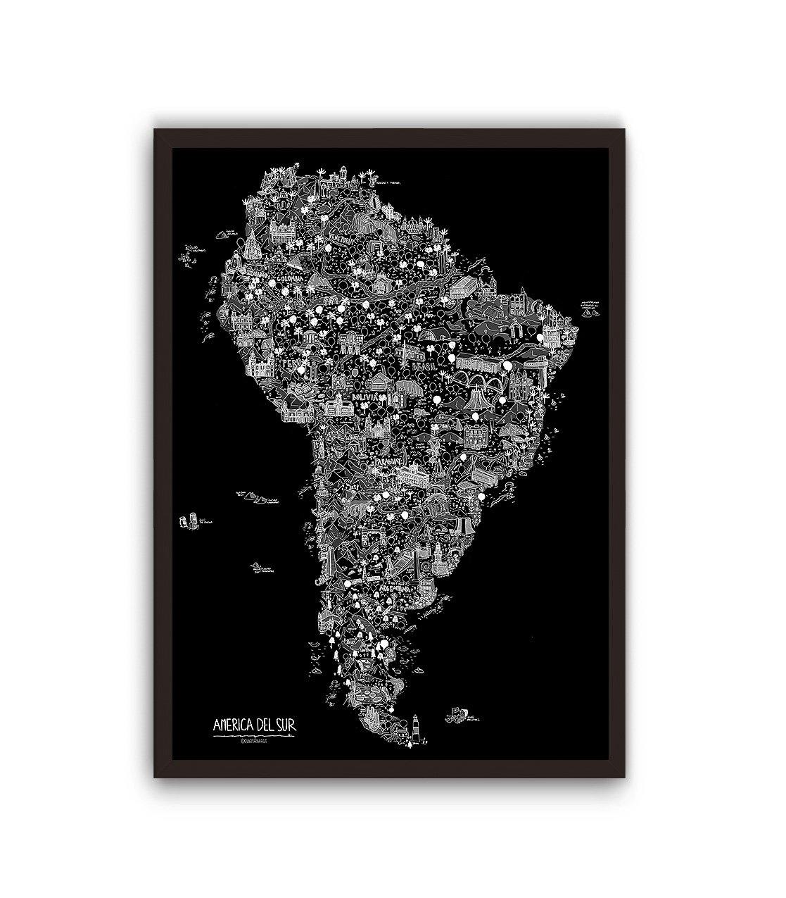 América del Sur Ilustrada - Enmarcada (Blanco, Negro o Color) - Mappin