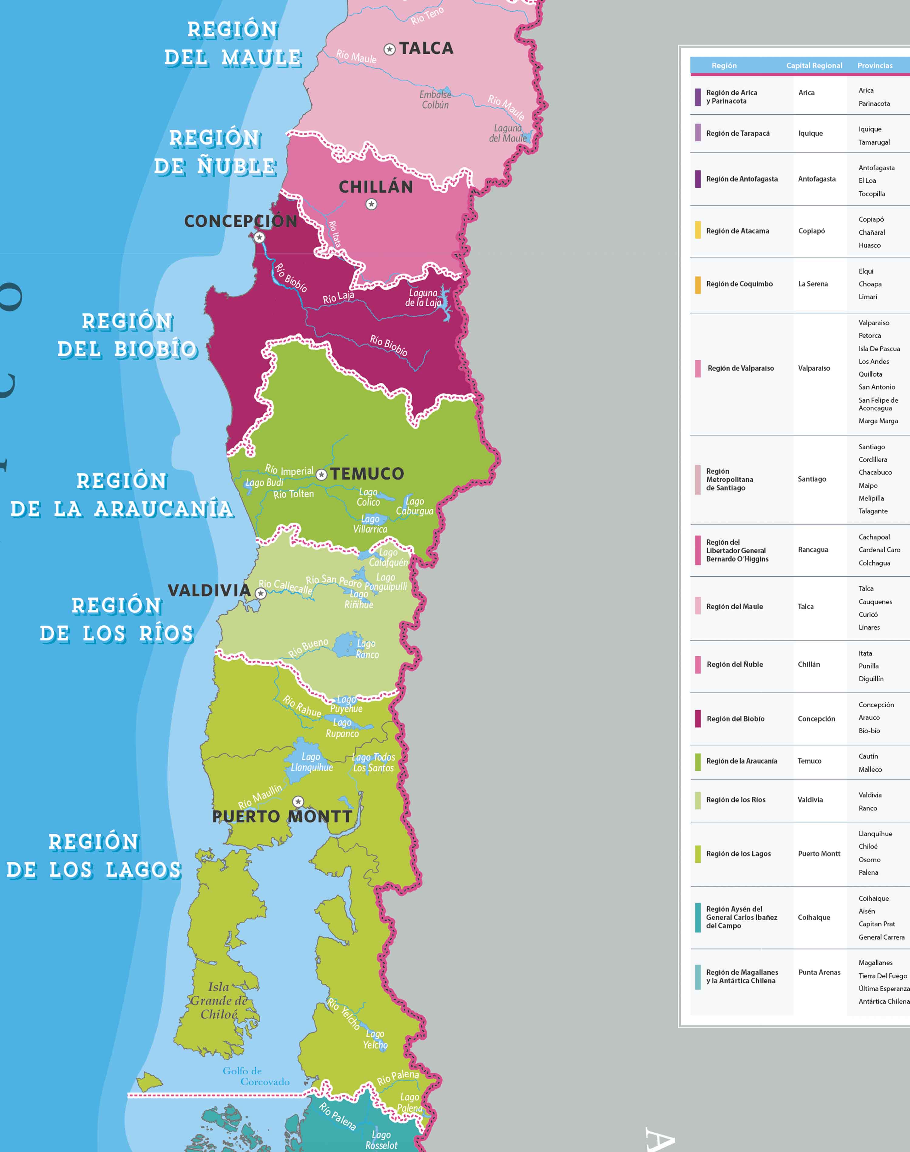 Mapa de Chile Político Gran Formato - Lámina con Flejes