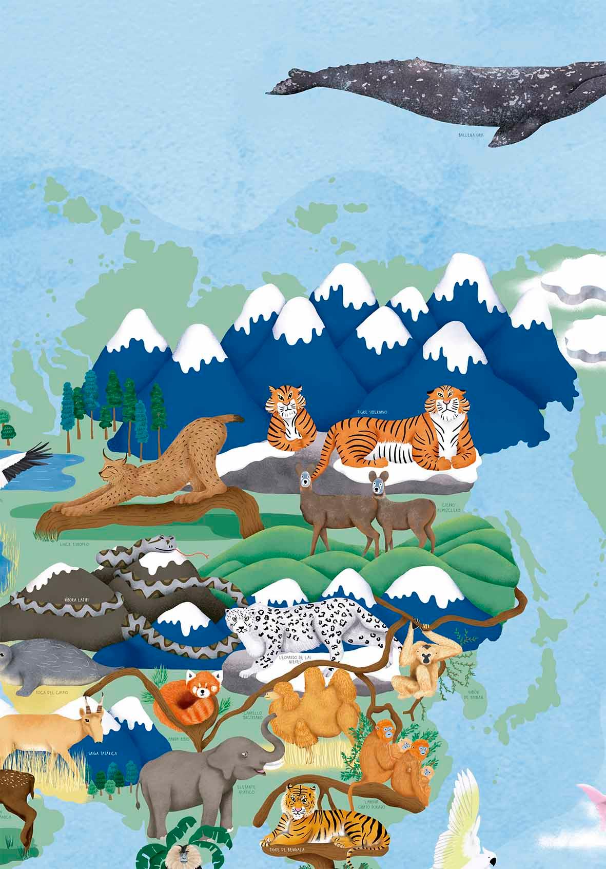 Mapa del Mundo de Animales en Peligro de Extinción - Lámina - Mappin