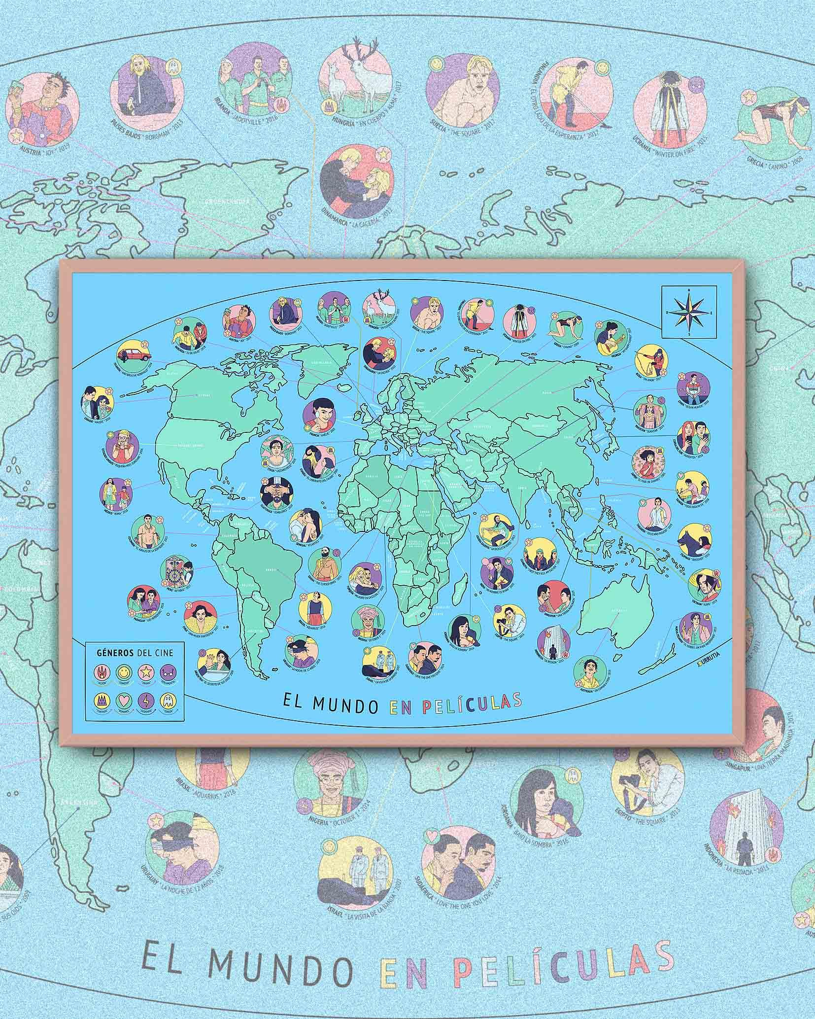 Mapa del Mundo en Películas - Enmarcado - Mappin