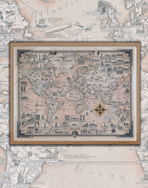 Mapa del Mundo de Maravillas Sepia - Enmarcado - Mappin