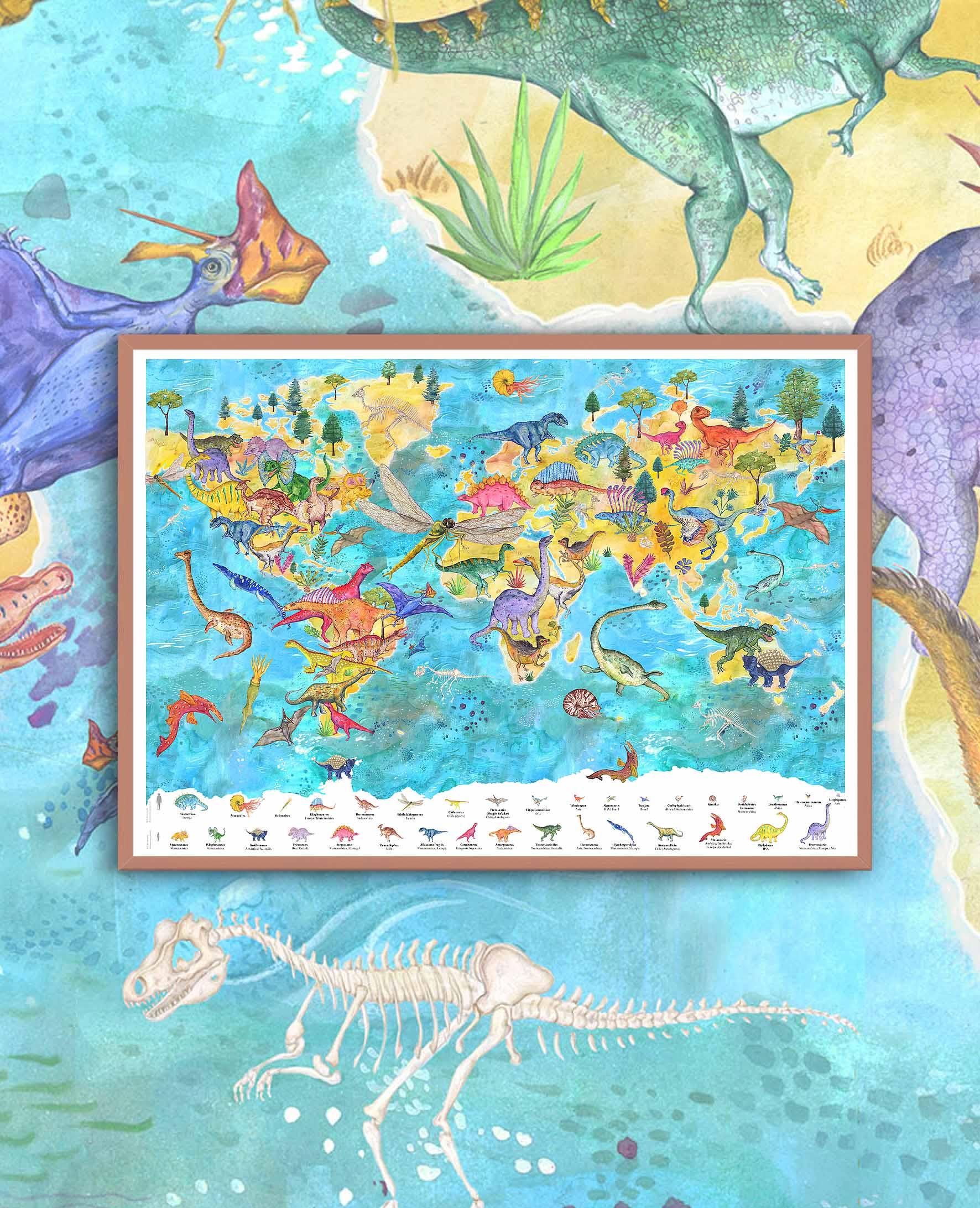 Mapa del Mundo de Dinosaurios - Enmarcado - Mappin