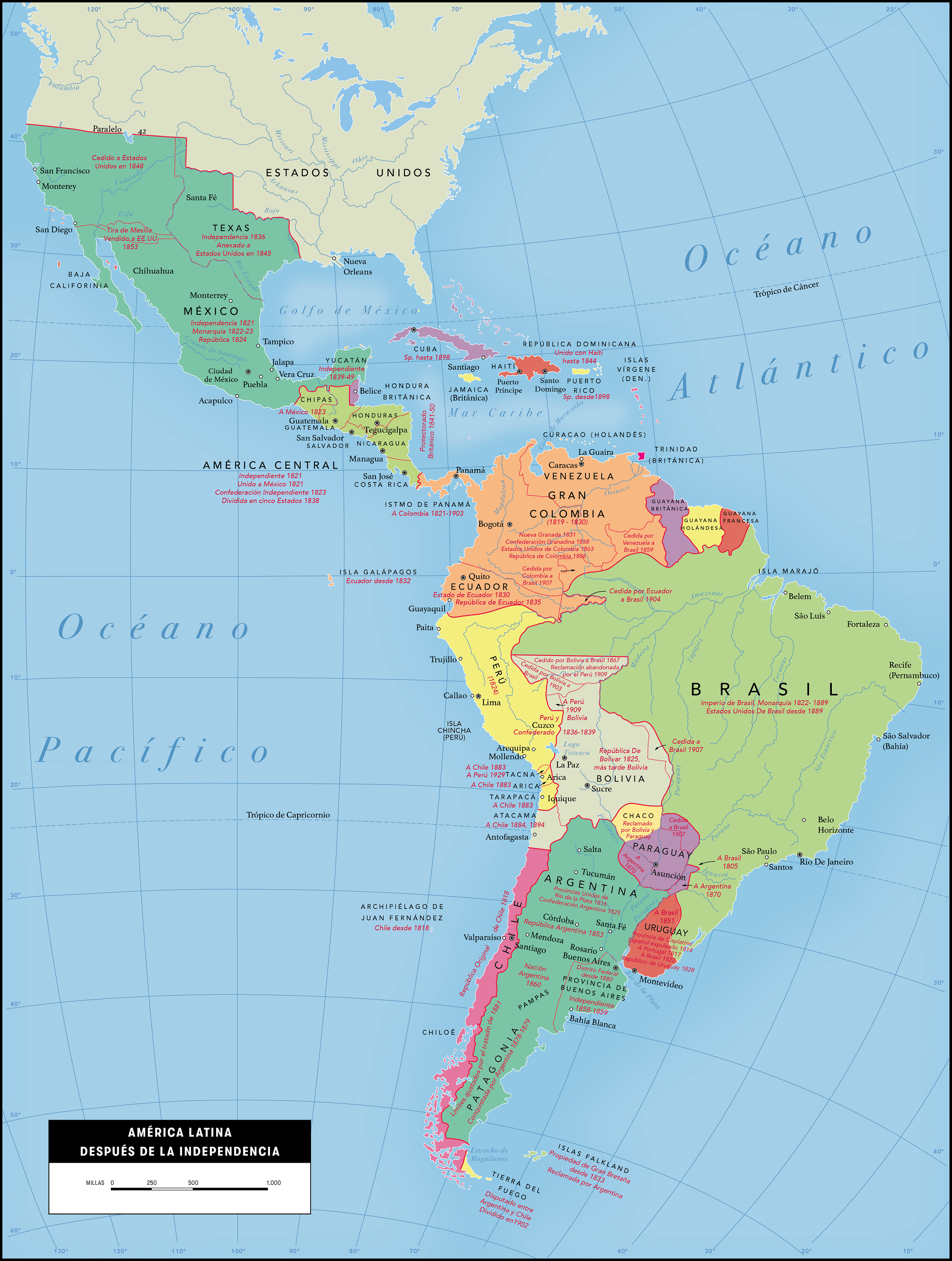 Mapa de Latinoamérica e Independencias - Lámina