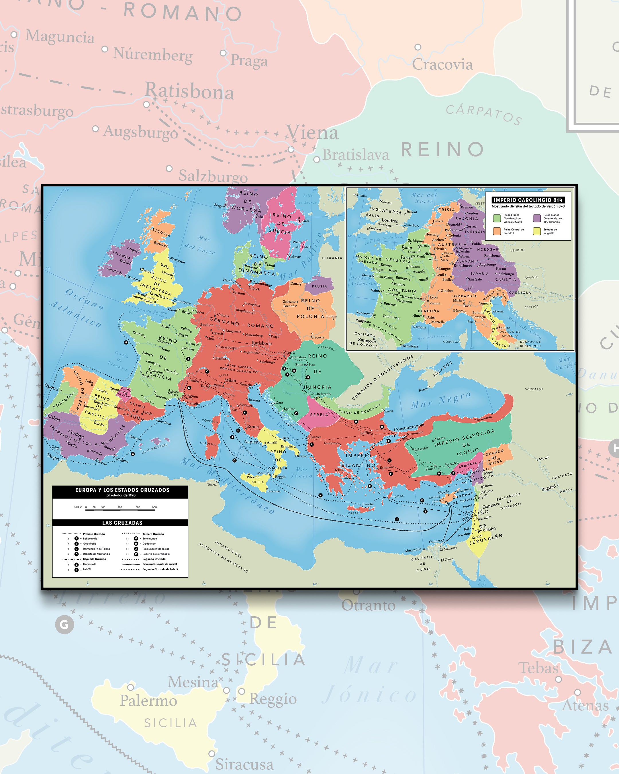 Europa y Las Cruzadas (año 1140), Imperio Carolingio (814) - Lámina