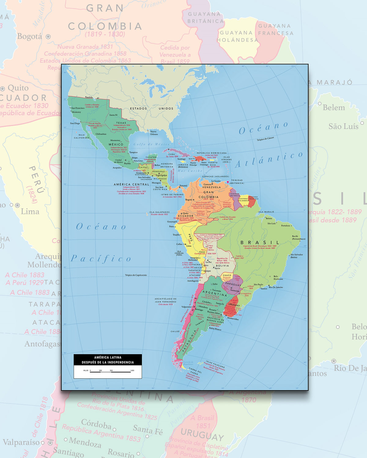 Mapa de Latinoamérica e Independencias - Lámina — Mappin