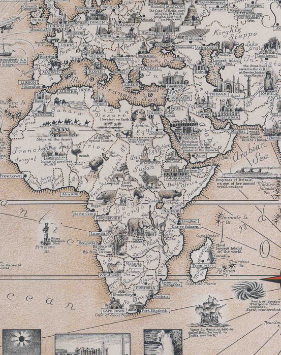Mapa del Mundo de Maravillas Sepia - Enmarcado - Mappin