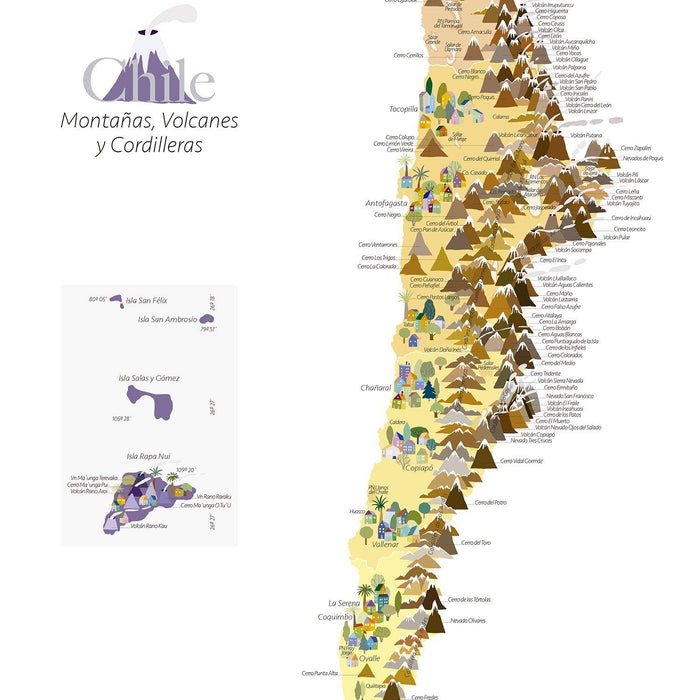 Mapa de Montañas Volcanes y Cordilleras de Chile - Enmarcado - Mappin