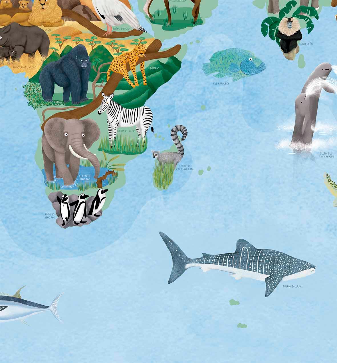Mapa del Mundo de Animales en Peligro de Extinción - Lámina - Mappin