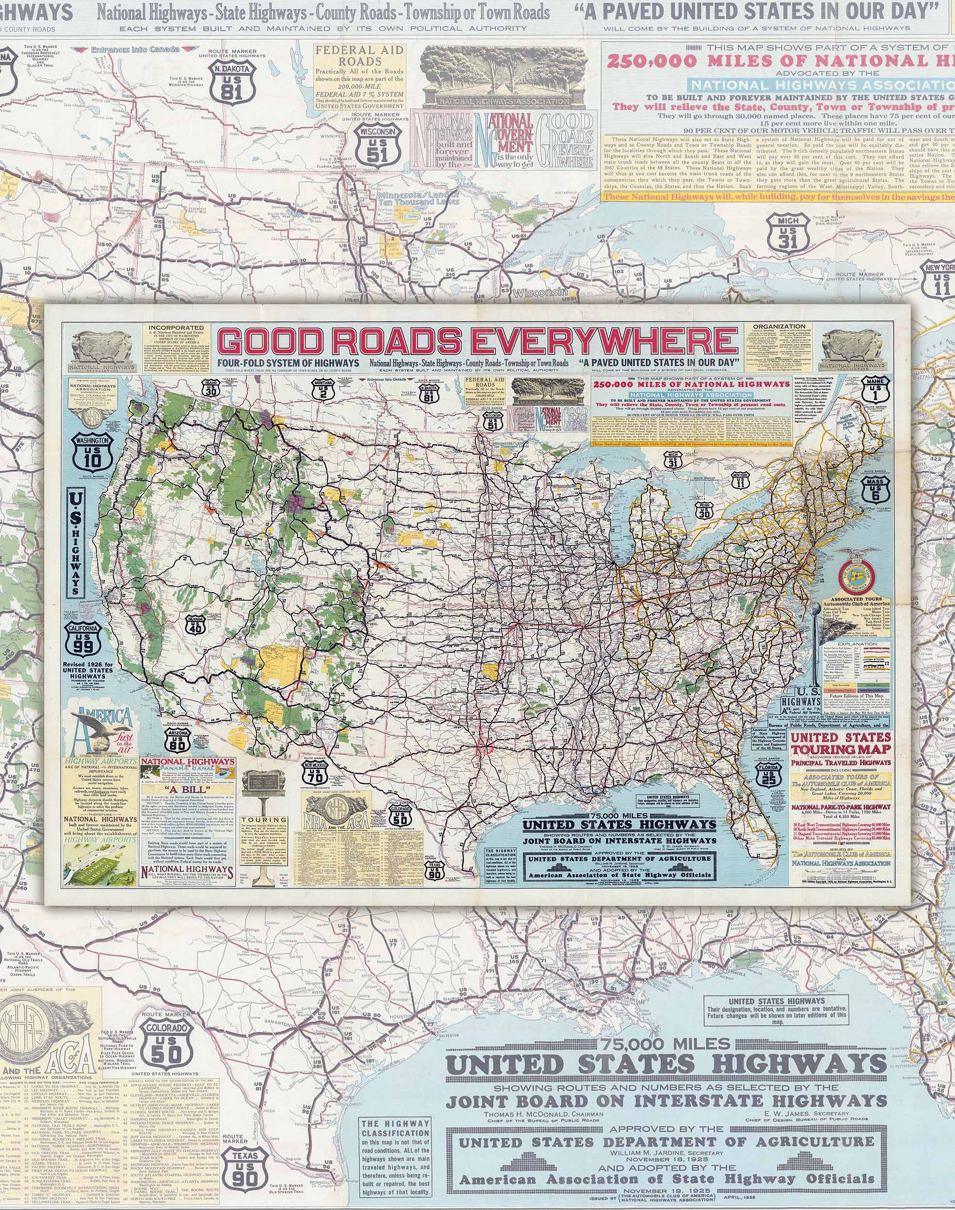 Mapa de Estados Unidos y sus Carreteras, 1926 - Lámina