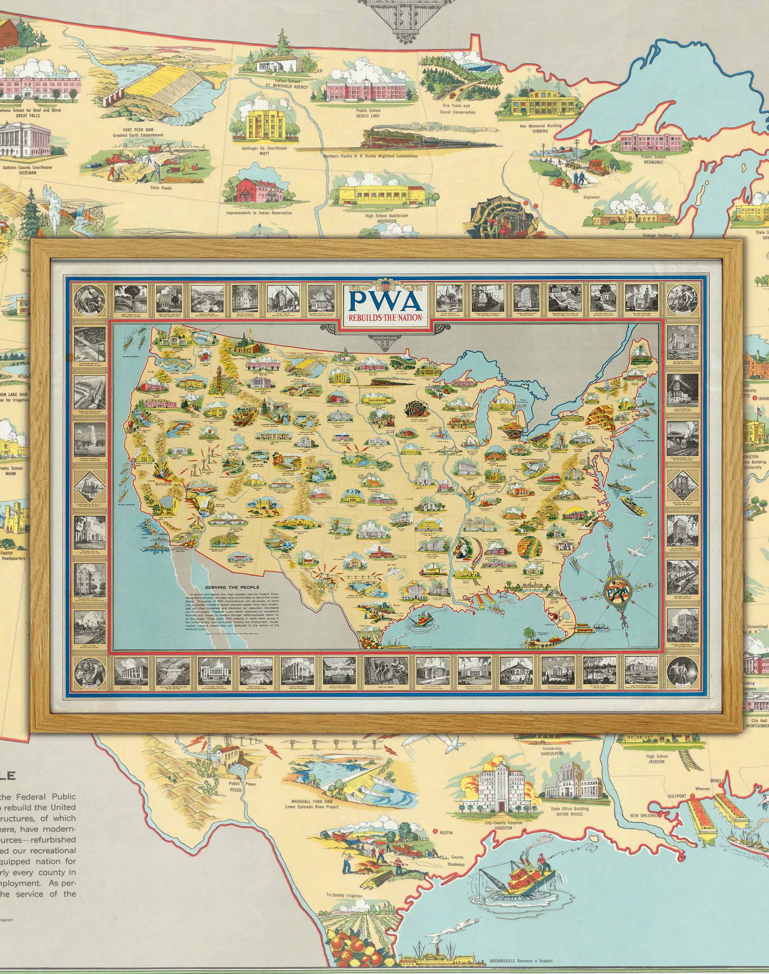 Mapa de Estados Unidos y sus Obras Públicas - Enmarcado