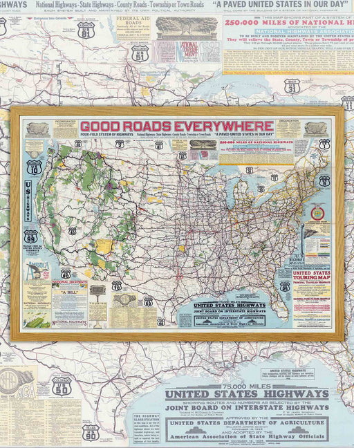 Mapa de Estados Unidos y sus Carreteras, 1926 - Enmarcado - Mappin
